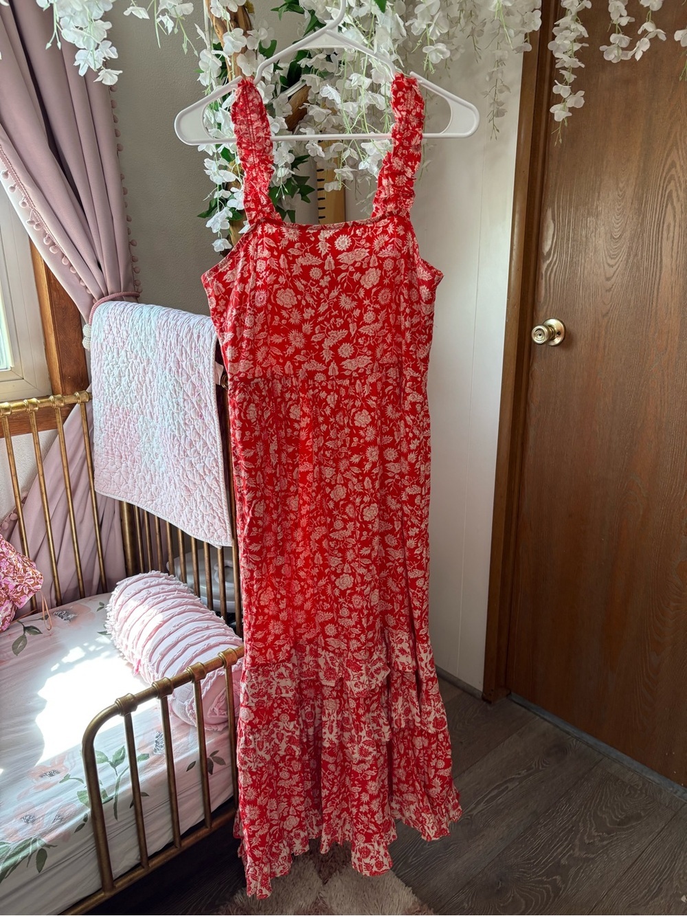 Universal Thread Red Orangish and White Floral Ruffle Strap Maxi Dress